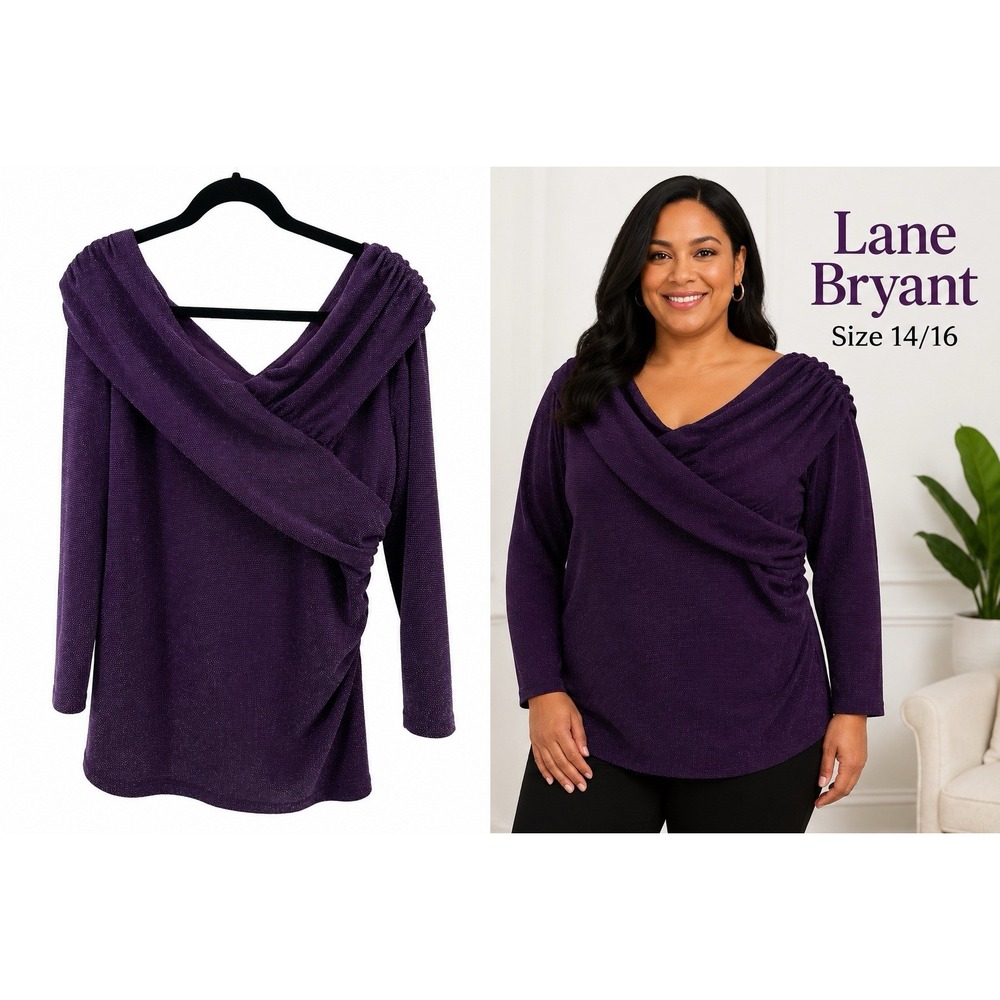 Lane Bryant Women's 14/16 Purple Metallic Draped Cowl Neck Long Sleeve Tunic
